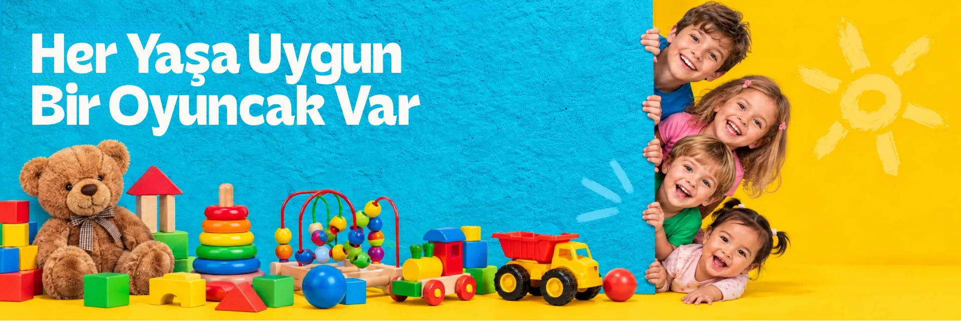 Her yaşa uygun bir oyuncak var yazılı, çocukların ve eğitici oyuncakların bulunduğu yaşa göre oyuncaklar kategori afişi.