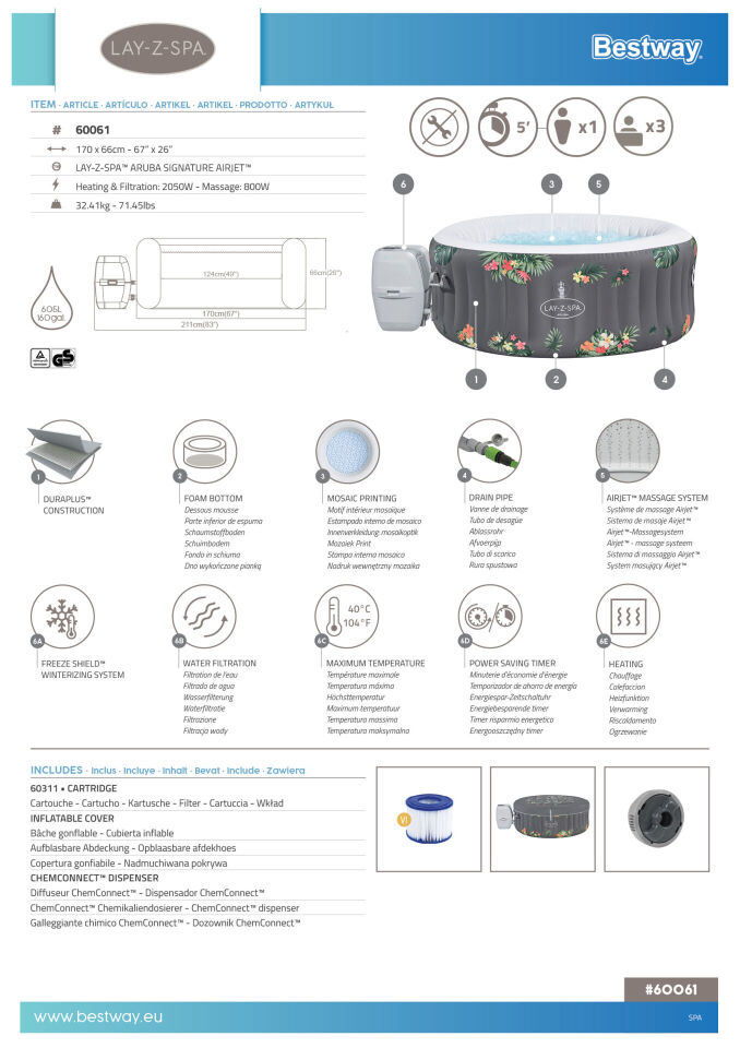 Lay-Z-Spa 60061 Aruba Signature AirJet Şişme Spa Havuzu, 2-3 kişilik