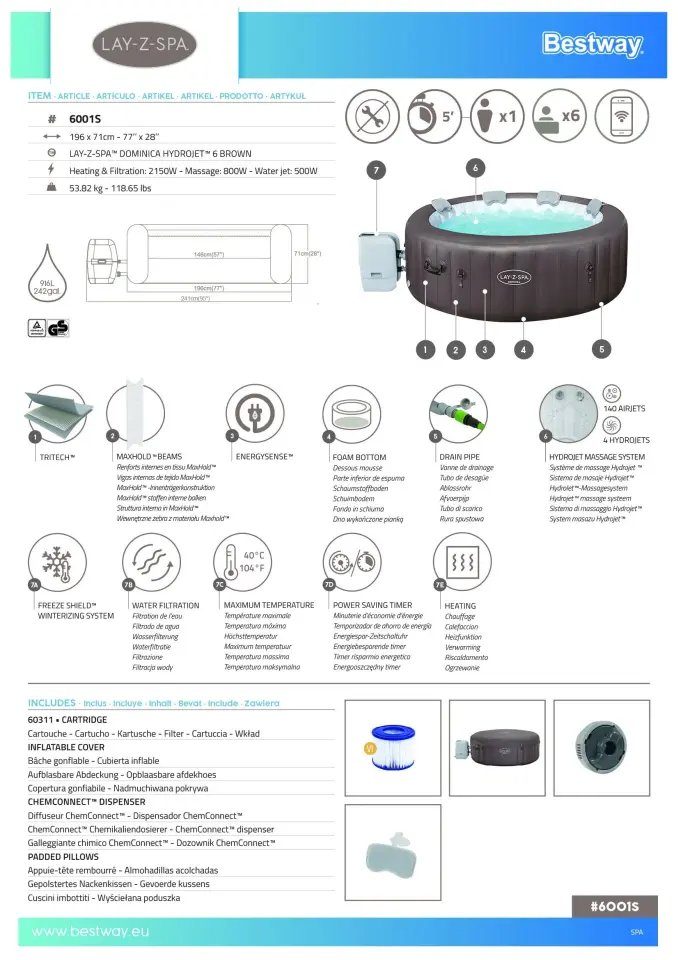 Lay-Z-Spa 6001S Dominica Smart HydroJet Enerji Tasarruflu Şişme Spa Havuzu, Mobil Uygulama Kontrollü, 4-6 kişilik