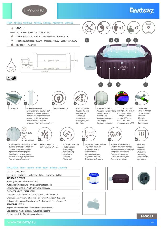 Lay-Z-Spa 6001U Maldives Smart HydroJet Pro Enerji Tasarruflu Şişme Spa Havuzu, Mobil Uygulama Kontrollü, 5-7 kişilik