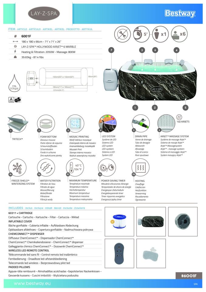Lay-Z-Spa 6001F Hollywood Energy-Efficient Luxe AirJet Şişme Spa Havuzu, LED ışıklı, 4-6 kişilik