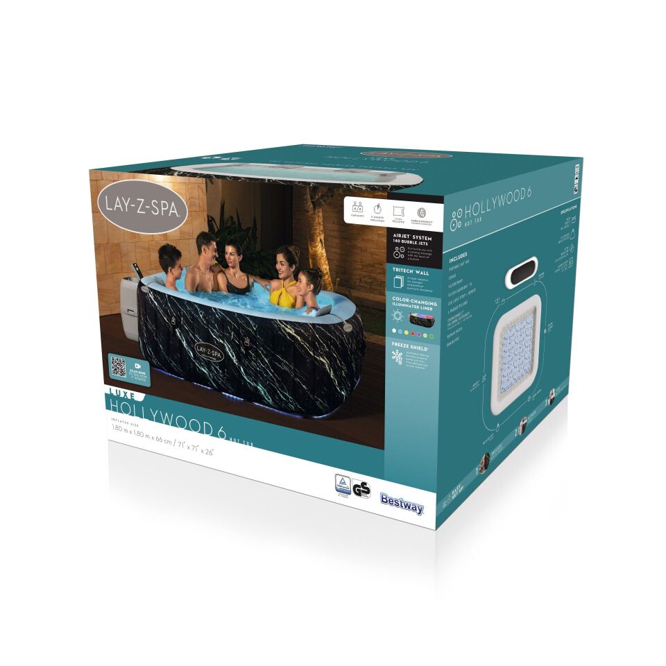 Lay-Z-Spa 6001F Hollywood Energy-Efficient Luxe AirJet Şişme Spa Havuzu, LED ışıklı, 4-6 kişilik