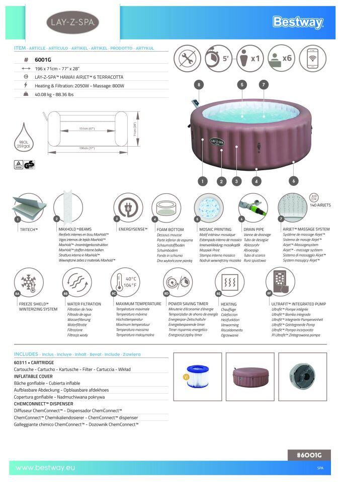 Lay-Z-Spa 6001G Hawaii Smart AirJet Enerji Tasarruflu Şişme Spa Havuzu, Mobil Uygulama Kontrollü, 4-6 kişilik