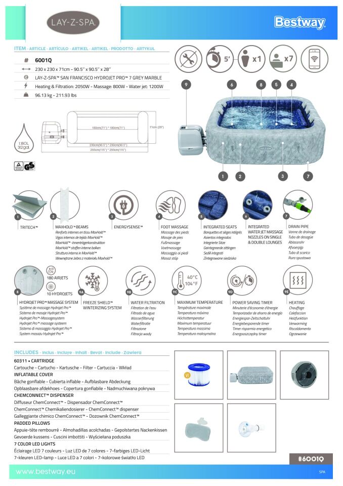 Lay-Z-Spa 6001Q San Francisco Smart HydroJet Pro Enerji Tasarruflu Şişme Spa Havuzu, Mobil Uygulama Kontrollü, 5-7 kişilik