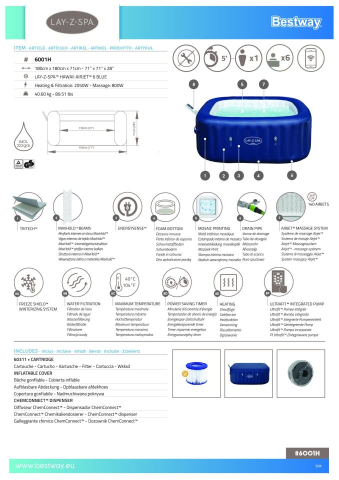 Lay-Z-Spa 6001H Hawaii Smart AirJet Enerji Tasarruflu Şişme Spa Havuzu, Mobil Uygulama Kontrollü, 4-6 kişilik
