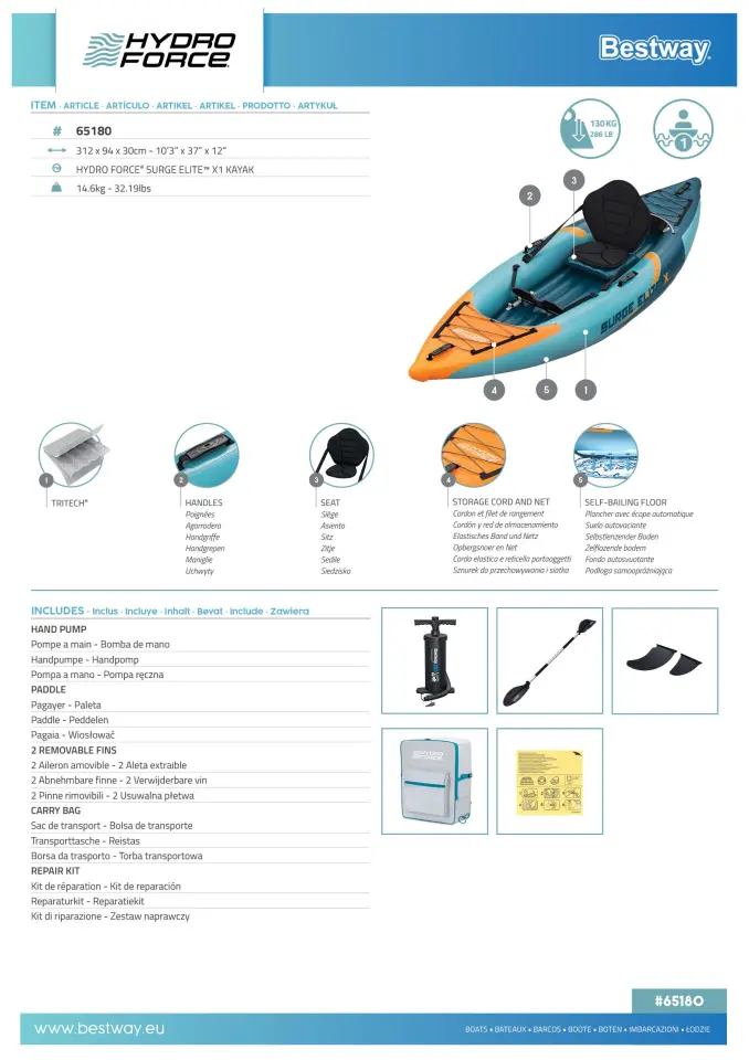 Hydro-Force 65180 Surge Elite X1 Tek Kişilik Kano Seti 3.12m x 94cm x 30cm