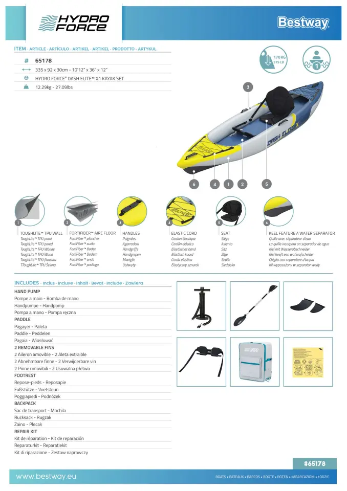 Hydro-Force 65178 Dash Elite X1 Tek Kişilik Kano Seti 3.35m x 92cm x 30cm