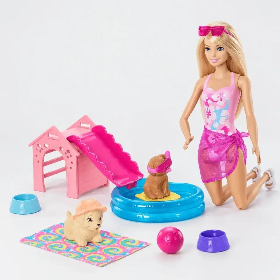 Barbie Köpekçikle Havuz Partisi Oyun Seti içerisinde yer alan Barbie bebek, havuz, kaydırak ve sevimli köpek figürleri