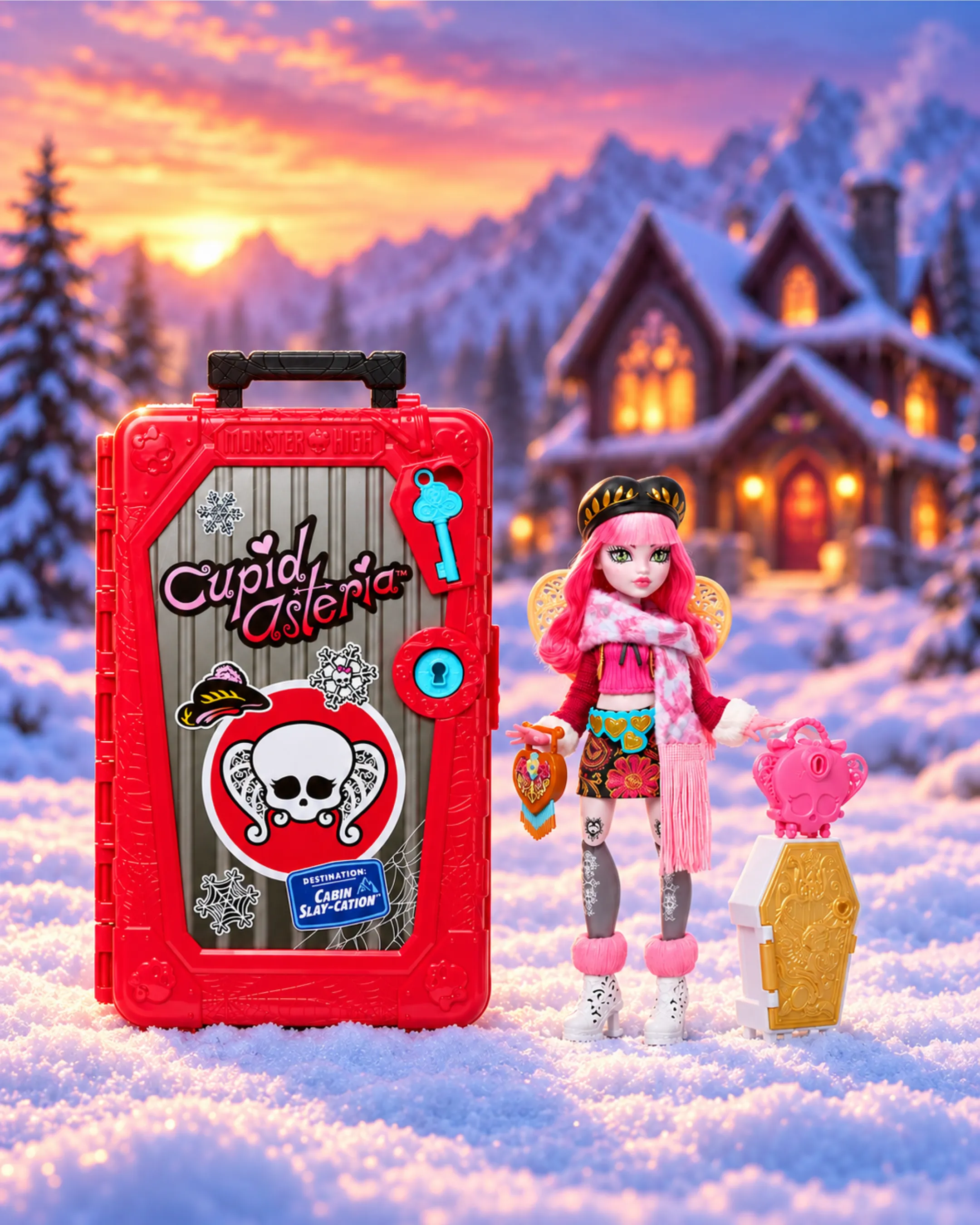 Monster High Cupid Asteria bebek, kırmızı taşıma kutusu ve aksesuarlarıyla karlı manzarada.